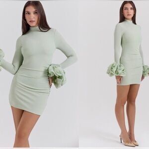 Sage Green Long-Sleeve Mini Dress with Ruffle Cuffs